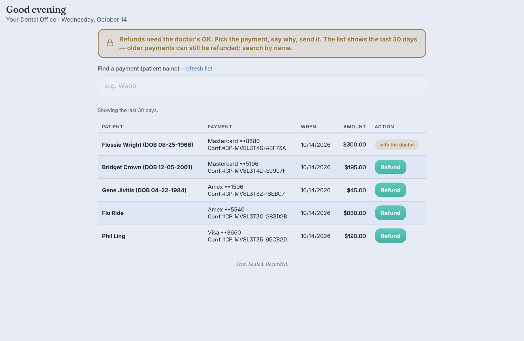 Refund list with confirmation numbers
